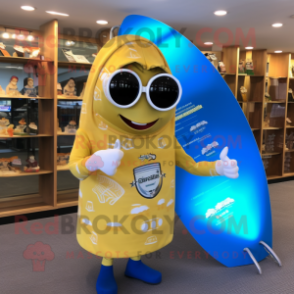 Gold Surfboard mascot costume character dressed with a Cover-up and Reading glasses
