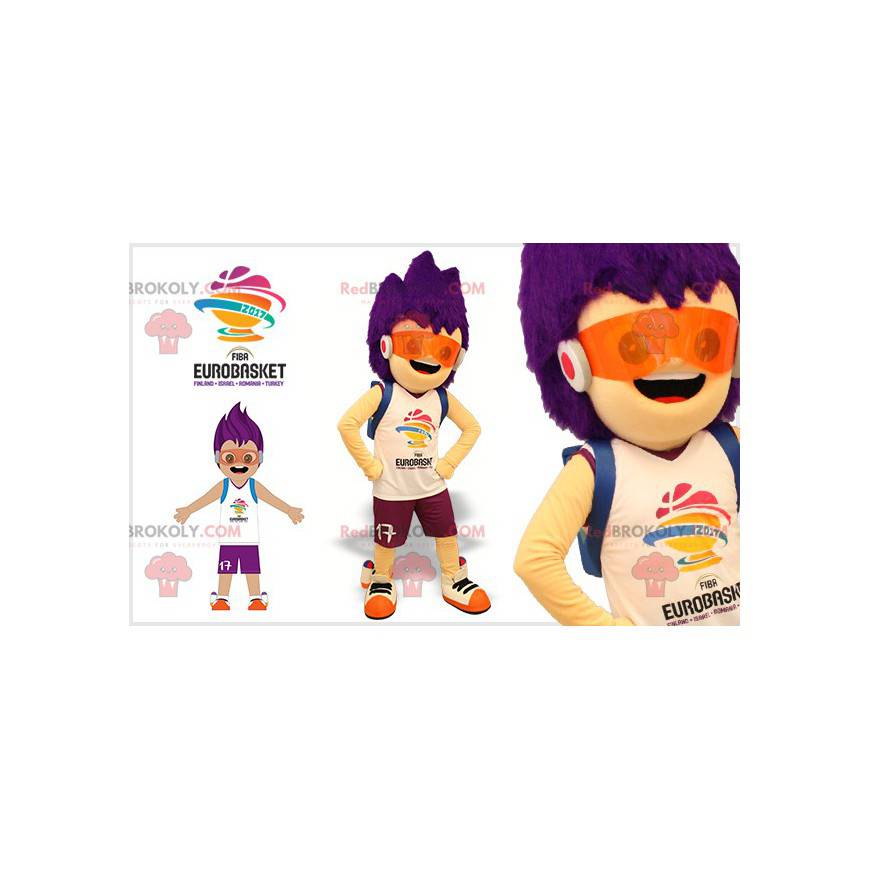 Menino mascote futurista com cabelo roxo - Redbrokoly.com