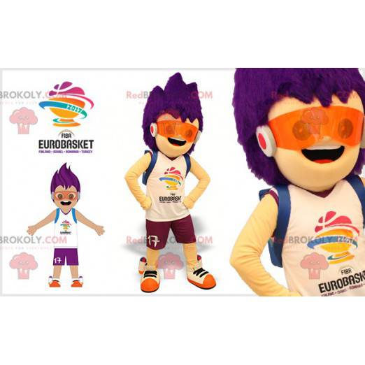 Futuristický chlapec maskot s fialovými vlasy - Redbrokoly.com