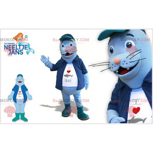 Blue sea lion mascot with a jacket and a big belly -