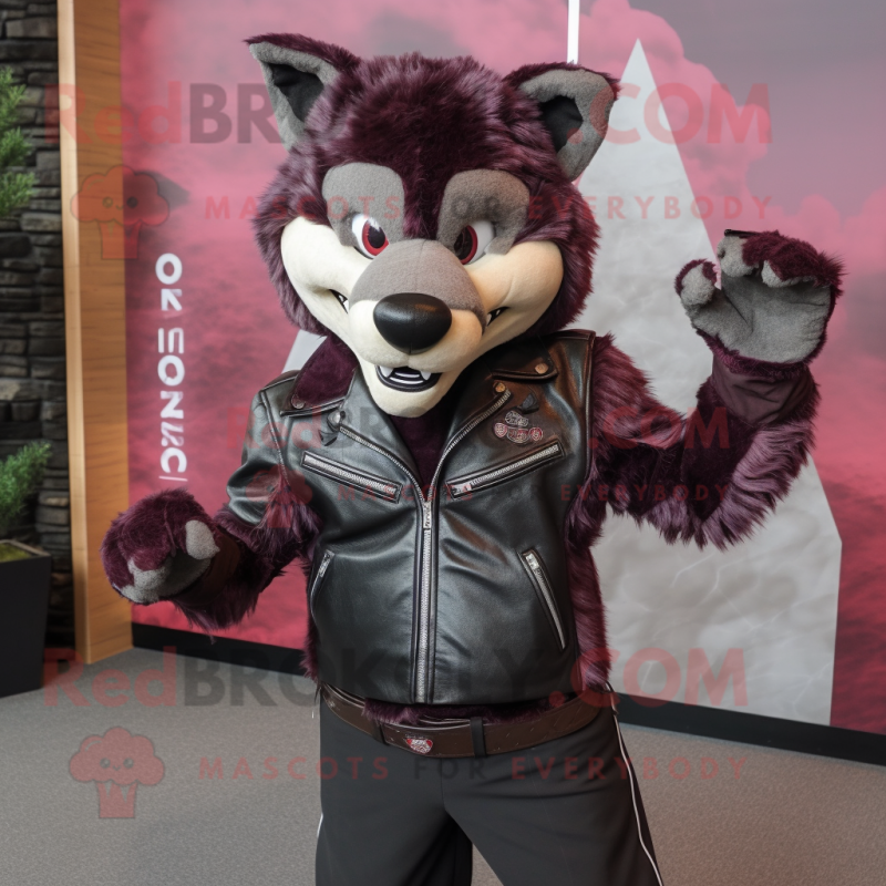 Maroon Wolf mascot costume character dressed with a Biker Jacket and Bow ties