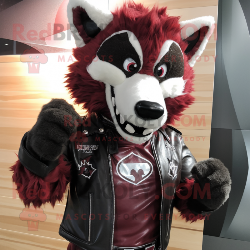 Maroon Wolf mascot costume character dressed with a Biker Jacket and Bow ties