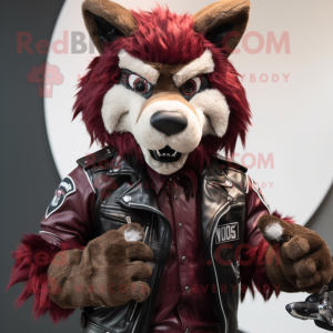 Maroon Wolf mascot costume character dressed with a Biker Jacket and Bow ties