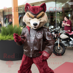 Maroon Wolf mascot costume character dressed with a Biker Jacket and Bow ties