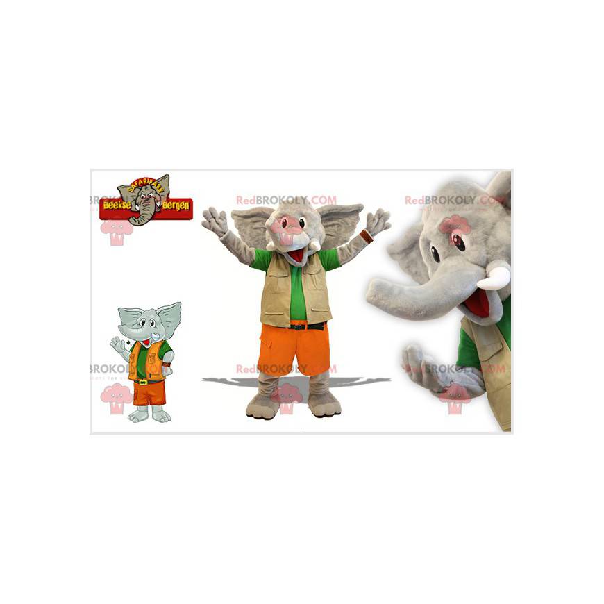 Grå elefantmaskot i explorerdräkt - Redbrokoly.com