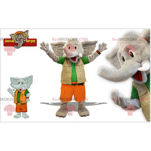 Grå elefantmaskot i explorerdräkt - Redbrokoly.com