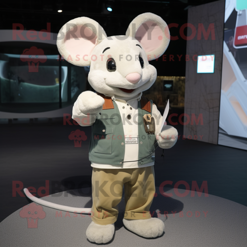 Cream Mouse mascot costume character dressed with a Cargo Pants and Smartwatches Cream Mouse mascot costume character dressed with a Cargo Pants and Smartwatches