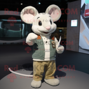 Cream Mouse mascot costume character dressed with a Cargo Pants and Smartwatches