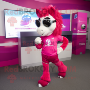 Magenta Mare mascot costume character dressed with a Running Shorts and Eyeglasses