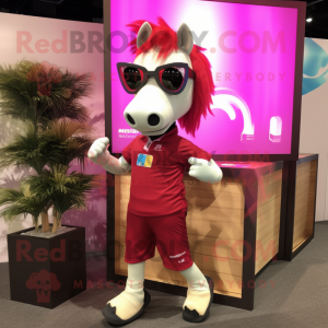 Magenta Mare mascot costume character dressed with a Running Shorts and Eyeglasses