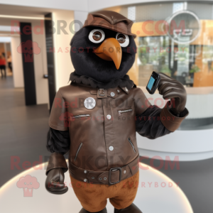 Brown Crow mascot costume character dressed with a Leather Jacket and Smartwatches