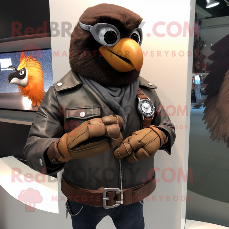 Brown Crow mascot costume character dressed with a Leather Jacket and Smartwatches Brown Crow mascot costume character dressed with a Leather Jacket and Smartwatches