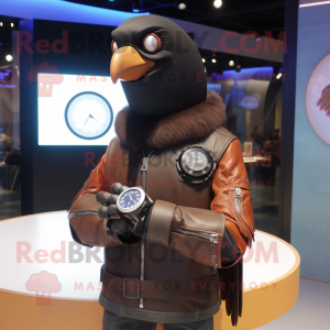 Brown Crow mascot costume character dressed with a Leather Jacket and Smartwatches
