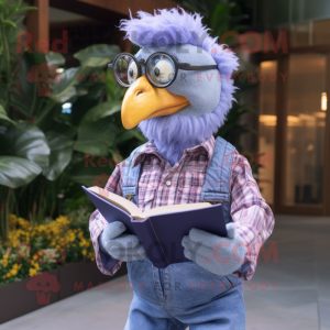 Lavender Chicken mascot costume character dressed with a Denim Shirt and Reading glasses