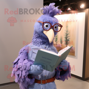 Lavender Chicken mascot costume character dressed with a Denim Shirt and Reading glasses