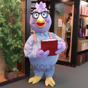 Lavender Chicken mascot costume character dressed with a Denim Shirt and Reading glasses