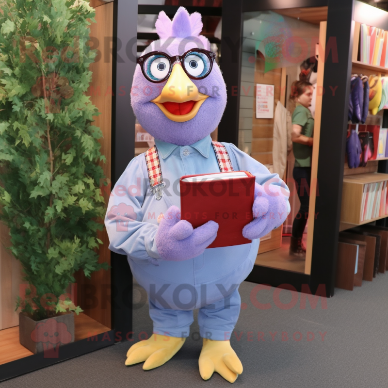 Lavender Chicken mascot costume character dressed with a Denim Shirt and Reading glasses Lavender Chicken mascot costume character dressed with a Denim Shirt and Reading glasses
