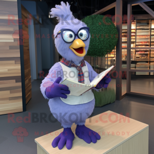 Lavender Chicken mascot costume character dressed with a Denim Shirt and Reading glasses