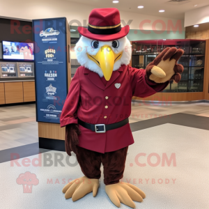 Maroon Bald Eagle mascot costume character dressed with a Skirt and Caps