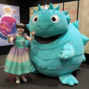 Turquoise Glyptodon mascot costume character dressed with a A-Line Skirt and Rings