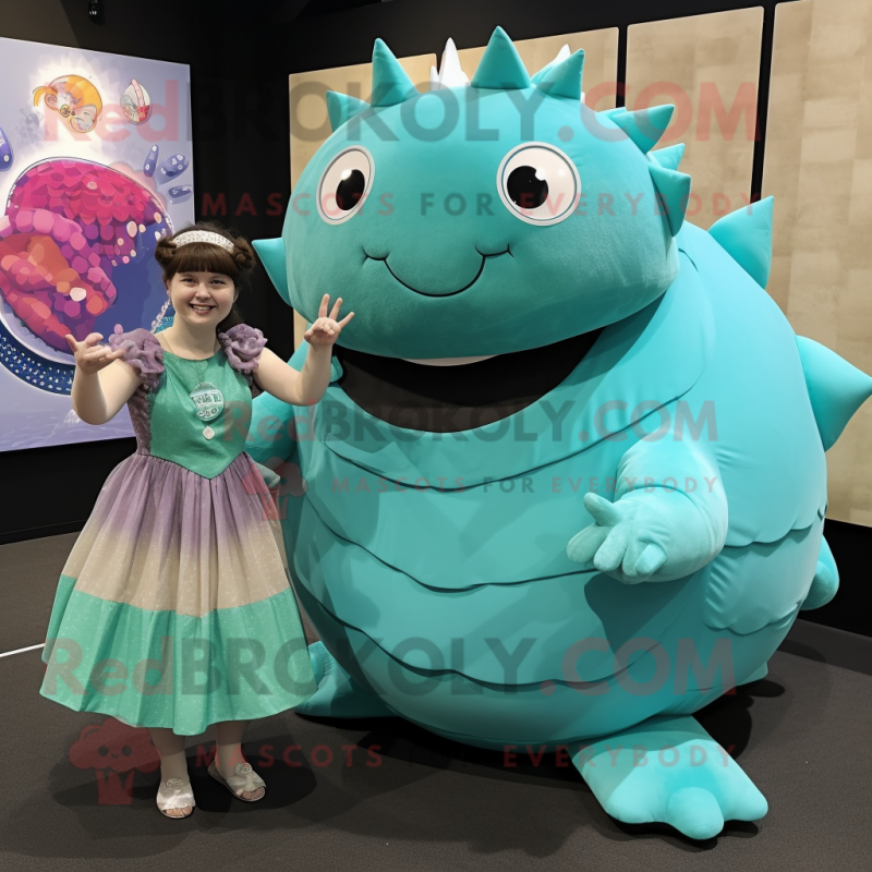 Turquoise Glyptodon mascot costume character dressed with a A-Line Skirt and Rings Turquoise Glyptodon mascot costume character dressed with a A-Line Skirt and Rings