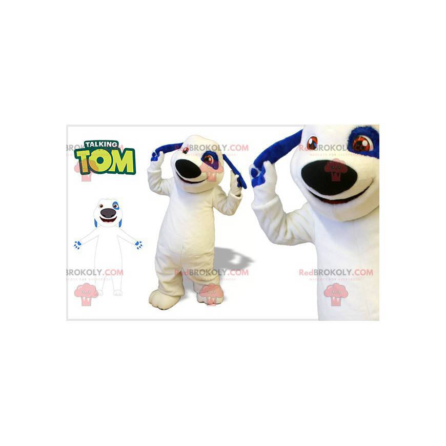 Witte en blauwe hond mascotte. Talking Tom-mascotte -