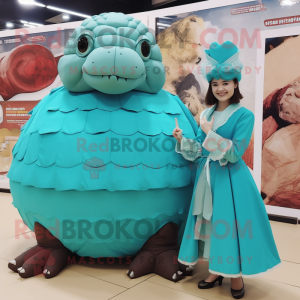 Turquoise Glyptodon mascot costume character dressed with a A-Line Skirt and Rings