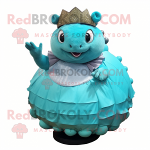 Turquoise Glyptodon mascot costume character dressed with a A-Line Skirt and Rings