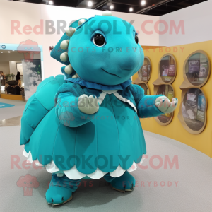 Turquoise Glyptodon mascot costume character dressed with a A-Line Skirt and Rings