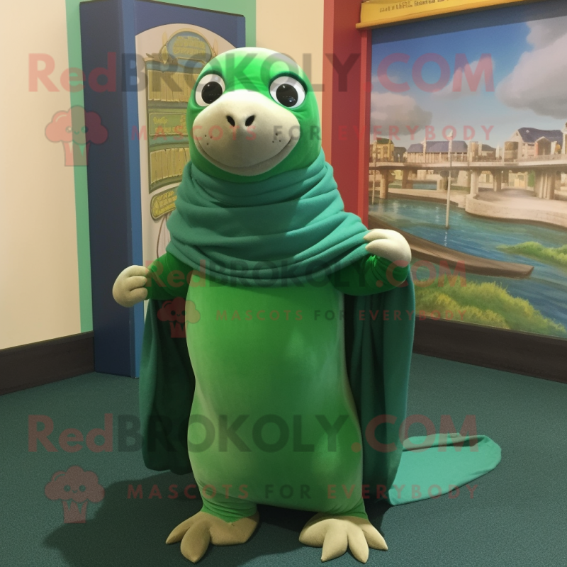 Green Sea Lion mascot costume character dressed with a Capri Pants and Shawl pins