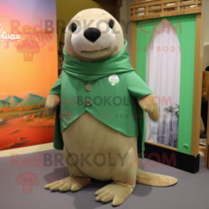 Green Sea Lion mascot costume character dressed with a Capri Pants and Shawl pins