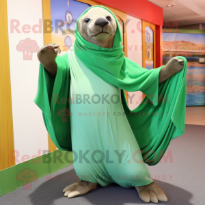 Green Sea Lion mascot costume character dressed with a Capri Pants and Shawl pins