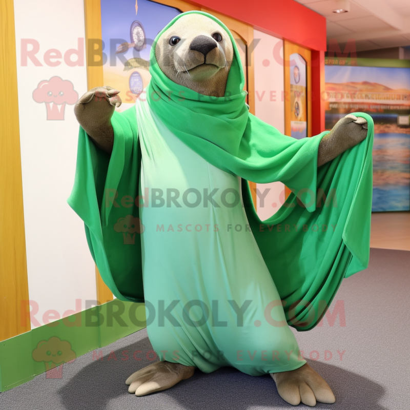 Green Sea Lion mascot costume character dressed with a Capri Pants and Shawl pins Green Sea Lion mascot costume character dressed with a Capri Pants and Shawl pins