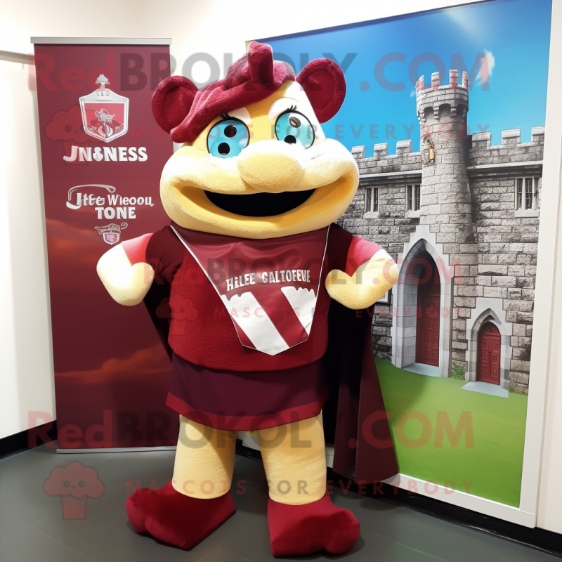 Maroon Irish Castle mascot costume character dressed with a T-Shirt and Ties Maroon Irish Castle mascot costume character dressed with a T-Shirt and Ties