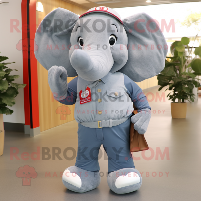 Gray Elephant mascot costume character dressed with a Mom Jeans and Messenger bags