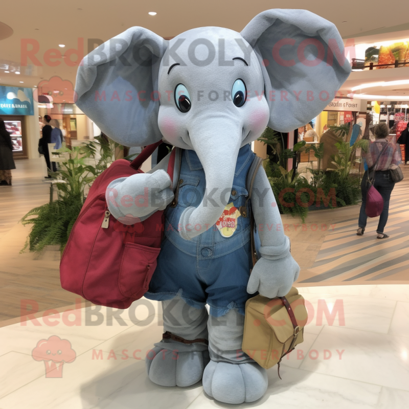 Gray Elephant mascot costume character dressed with a Mom Jeans and Messenger bags Gray Elephant mascot costume character dressed with a Mom Jeans and Messenger bags