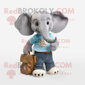 Gray Elephant mascot costume character dressed with a Mom Jeans and Messenger bags