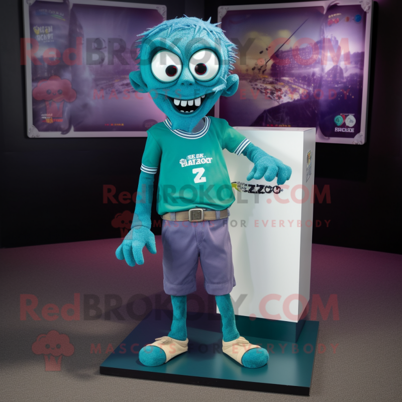 Teal Zombie mascot costume character dressed with a Polo Shirt and Anklets