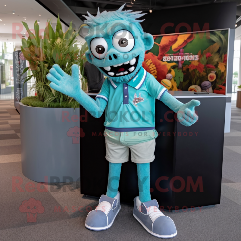 Teal Zombie mascot costume character dressed with a Polo Shirt and Anklets