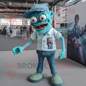 Teal Zombie mascot costume character dressed with a Polo Shirt and Anklets