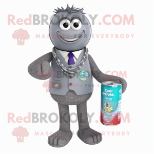 Gray Soda Can mascot costume character dressed with a Suit and Bracelets