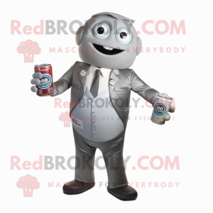 Gray Soda Can mascot costume character dressed with a Suit and Bracelets