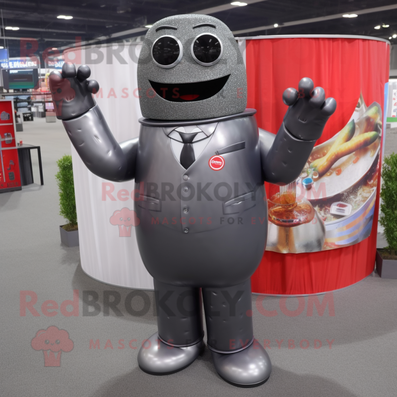 Gray Soda Can mascot costume character dressed with a Suit and Bracelets