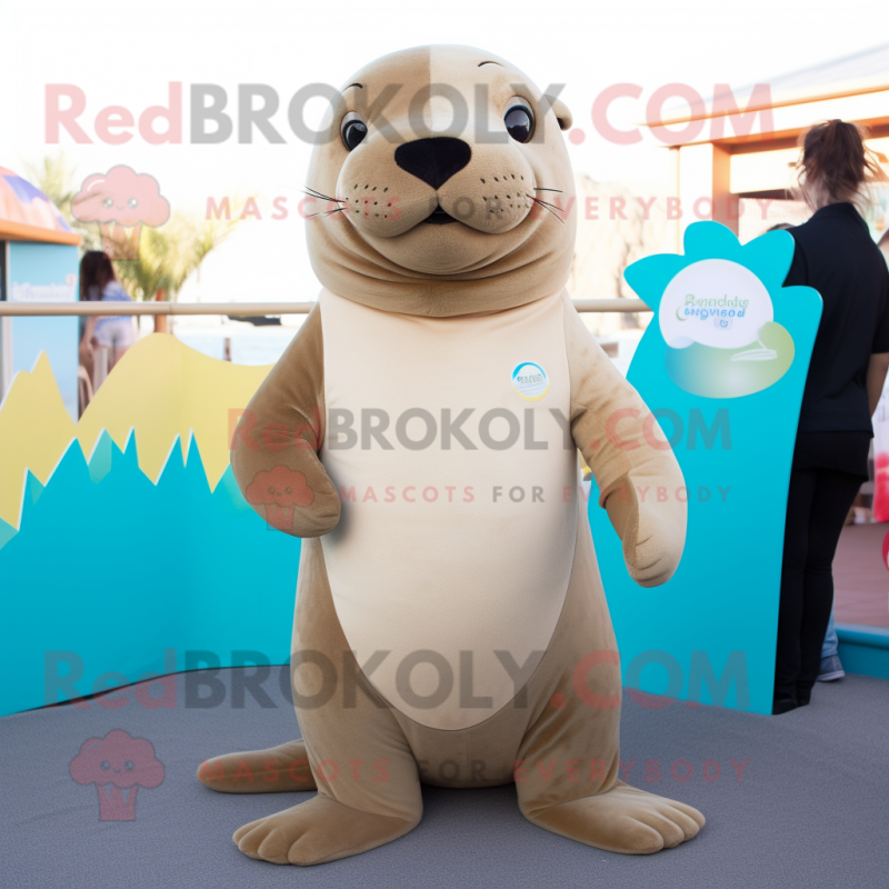 Beige Sea Lion mascot costume character dressed with a V-Neck Tee and Earrings