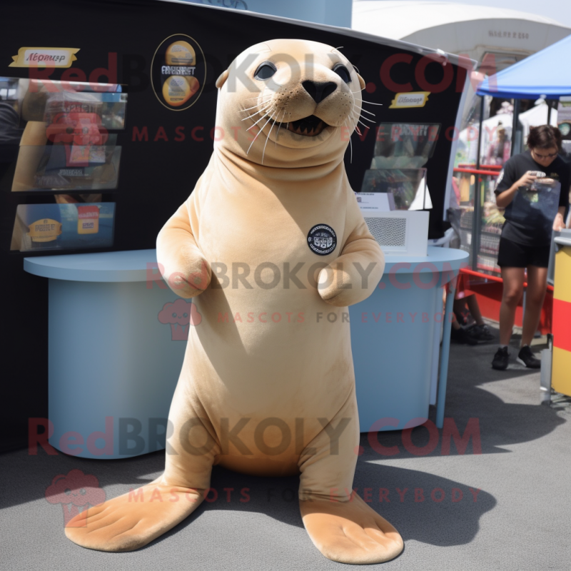 Beige Sea Lion mascot costume character dressed with a V-Neck Tee and Earrings