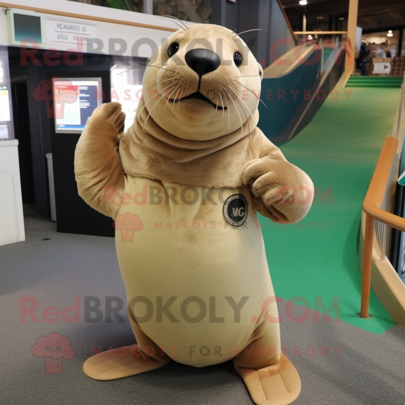 Beige Sea Lion mascot costume character dressed with a V-Neck Tee and Earrings