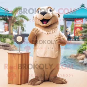 Beige Sea Lion mascot costume character dressed with a V-Neck Tee and Earrings