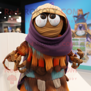 Brown Hermit Crab mascot costume character dressed with a Sweater and Shawls