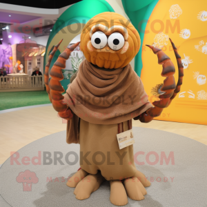 Brown Hermit Crab mascot costume character dressed with a Sweater and Shawls