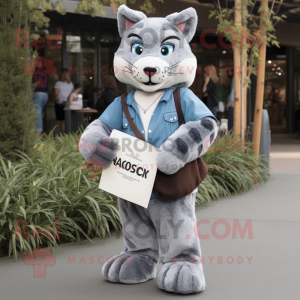 nan Bobcat mascot costume character dressed with a Henley Shirt and Messenger bags